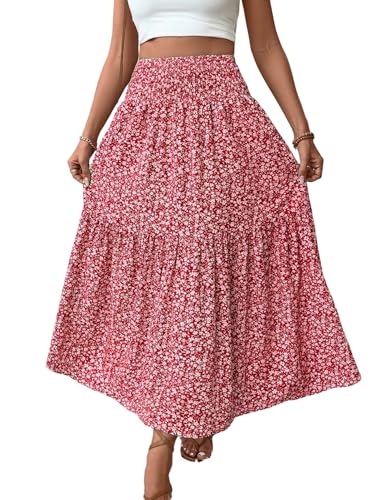 GORGLITTER Damen Rock Blümchenmuster Sommerrock Langer Damenrock A Linie Maxirock Boho Strandrock mit Taschen Sommer Röcke mit Taschen Freizeitrock Rot S von GORGLITTER