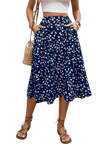 GORGLITTER Damen Rock Blümchenmuster Sommerrock mit Taschen Midi Röcke Boho Midirock Sommer Hohe Taille Freizeitrock Casual Blumenrock Dunkelblau L von GORGLITTER
