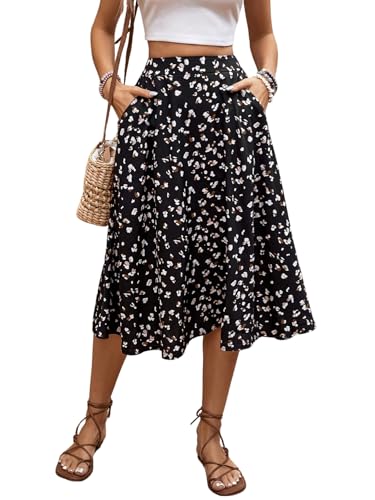 GORGLITTER Damen Rock Blümchenmuster Sommerrock mit Taschen Midi Röcke Boho Midirock Sommer Hohe Taille Freizeitrock Casual Blumenrock Schwarz M von GORGLITTER