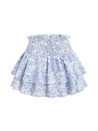 GORGLITTER Damen Rock Blumen Muster Sommerrock Mehrschichtiger Minirock Kurzer Bohorock Rüschensaum Freizeitrock Urlaub Festivalrock Sommer Outfits Blau und Weiß L von GORGLITTER