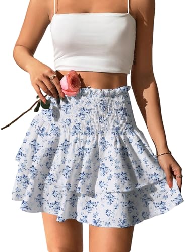 GORGLITTER Damen Rock Blumen Muster Sommerrock Mehrschichtiger Minirock Kurzer Bohorock Rüschensaum Freizeitrock Urlaub Festivalrock Sommer Outfits Weiß XS von GORGLITTER