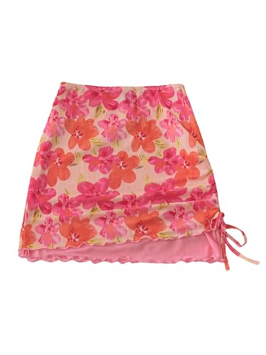 GORGLITTER Damen Rock Boho Sommerrock Blumenmuster Minirock Hohe Taille Damenrock Wellensaum Blumenrock Figurbetont Freizeitrock Casualrock Rosa M von GORGLITTER