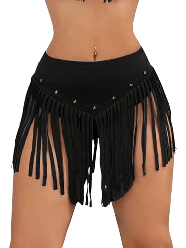GORGLITTER Damen Rock Drop Waist Fransenrock Reißverschluss Sommerrock Ausgestellt Partyrock Tülle Öse Minirock Rivet Kurzrock Western Music Festival Outfits Schwarz S von GORGLITTER