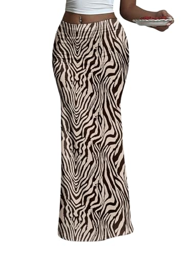GORGLITTER Damen Rock Elegant Figurbetontes Maxirock mit Zebramuster Fishtail Strickrock Stretch Freizeitrock Elastischer Taille Rock Lang Herbst Helles Khaki XL von GORGLITTER