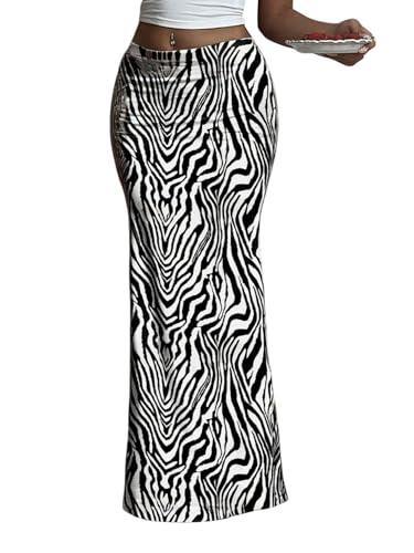GORGLITTER Damen Rock Elegant Figurbetontes Maxirock mit Zebramuster Fishtail Strickrock Stretch Freizeitrock Elastischer Taille Rock Lang Herbst Schwarz und Weiß M von GORGLITTER