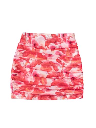 GORGLITTER Damen Rock Elegant Hohe Taille Minirock Blumenmuster Sommerrock Kurzer Meshrock Figurbetont Freizeitrock Geraffter Rock Kurz Rosa S von GORGLITTER