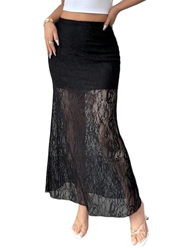 GORGLITTER Damen Rock Elegant Maxirock Hohe Taille Freizeitrock mit Mesh Spitze Fischschwanz Partyrock Einfarbig Röcke Festival Outfit Schwarz M von GORGLITTER