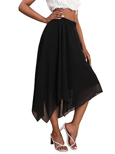 GORGLITTER Damen Rock Elegant Midirock Asymmetrisch Saum Röcke Chiffonrock Casual A Linie Freizeitrock Schwarz L von GORGLITTER