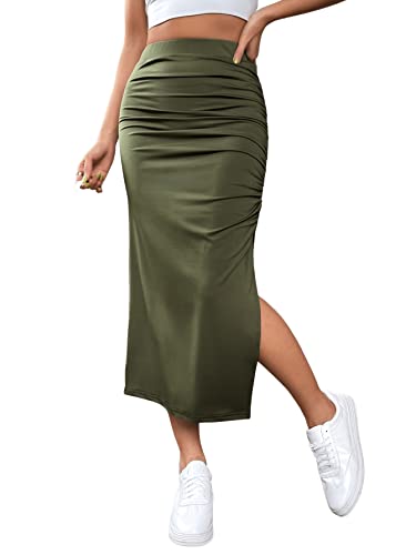 GORGLITTER Damen Rock Elegant Midirock Rockabilly Vintage Röcke mit Schlitz Casual Enger Freizeitrock Lang Hohe Taille Skirt Partyrock Grün XS von GORGLITTER