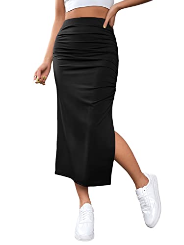 GORGLITTER Damen Rock Elegant Midirock Rockabilly Vintage Röcke mit Schlitz Casual Enger Freizeitrock Lang Hohe Taille Skirt Partyrock Schwarz L von GORGLITTER