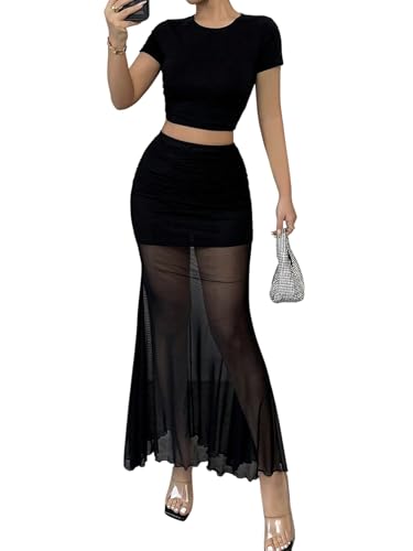 GORGLITTER Damen Rock Elegant Sommerrock Lange Röcke Sommer Netzrock Gerafft Maxirock mit Rüschensaum Durchsichtiger Meshrock Freizeitrock Schwarz M von GORGLITTER