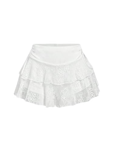GORGLITTER Damen Rock Elegant Spitze Minirock Faltenrock Elastischer Bund Minirock mit Rüschensaum Hohe Taille Freizeitrock Strandrock Kurzer Röcke Weiß M von GORGLITTER