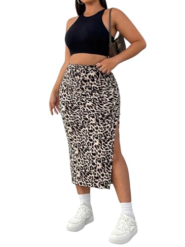 GORGLITTER Damen Rock Elegant Y2K Leopardenmuster Sommerrock Hohe Taille Midirock mit Schlitz Bleistiftrock Enger Freizeitrock Casualrock Leoparden 0XL von GORGLITTER