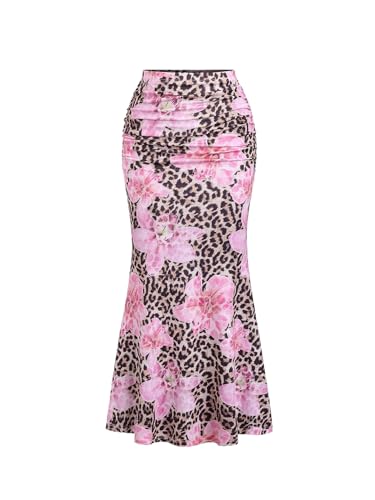 GORGLITTER Damen Rock Elegant mit Leoparde und Blumen Muster Maxirock Langer Bodycon Freizeitrock Fishtail Partyrock Tanzrock Herbst Outfit Leo XXS von GORGLITTER