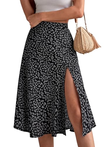 GORGLITTER Damen Rock Geblümt Sommerrock Knielang Böhmisch Strandrock mit Schlitz Hohe Taille Midirock A-Linien Rock Freizeitrock Blumenrock Schwarz XS von GORGLITTER