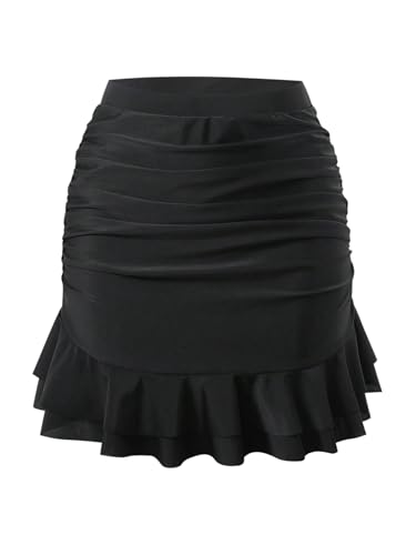 GORGLITTER Damen Rock Geraffter Strandrock Kurzer Sommerrock mit Rüschensaum Mehrschichtiger Minirock Elegant Baderock Freizeitrock Casualrock Schwarz L von GORGLITTER