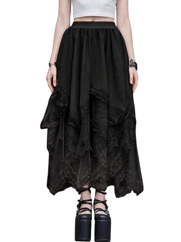 GORGLITTER Damen Rock Goth Durchsichtige Spitze Patchwork Midirock Asymmetrische A Linie Röcke Lang Hohe Taille Skirt Lässig Midi-Röcke Schwarz L von GORGLITTER
