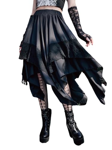 GORGLITTER Damen Rock Goth Midirock mit Spitze Patchwork Asymmetrische A Linie Röcke Hohe Taille Sommerrock Elastische Taille Damenrock Schwarz M GORGLITTER Damen Rock Goth Midirock mit Spitze Patchwork Asymmetrische A Linie Röcke Hohe Taille Sommerrock Elastische Taille Damenrock Schwarz M von GORGLITTER