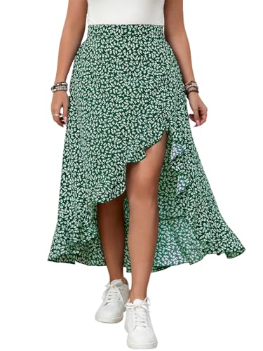 GORGLITTER Damen Rock Große Größen Blumenrock Boho Midirock Asymmetrischer Casualrock Curvy Strandrock Hohe Taille Herbstrock mit Rüschensaum Grün 1XL von GORGLITTER
