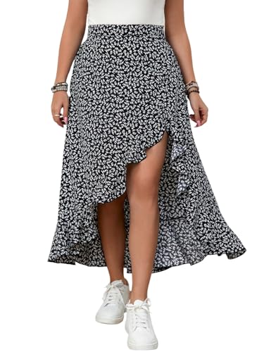 GORGLITTER Damen Rock Große Größen Blumenrock Boho Midirock Asymmetrischer Casualrock Curvy Strandrock Hohe Taille Herbstrock mit Rüschensaum Schwarz 3XL von GORGLITTER