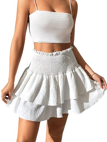 GORGLITTER Damen Rock Hohe Taille Mehrschichtig Sommerrock Einfarbige Minirock Rüschensaum Freizeitrock Kurze Röcke Urlaub Strandrock Sommer Outfits Weiß XS von GORGLITTER