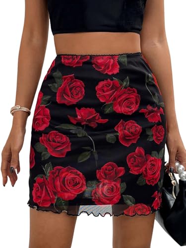 GORGLITTER Damen Rock Hohe Taille Minirock Blumenmuster Sommerrock Kurzer Meshrock Elegant Figurbetont Freizeitrock mit Wellensaum Rot M GORGLITTER Damen Rock Hohe Taille Minirock Blumenmuster Sommerrock Kurzer Meshrock Elegant Figurbetont Freizeitrock mit Wellensaum Rot M von GORGLITTER