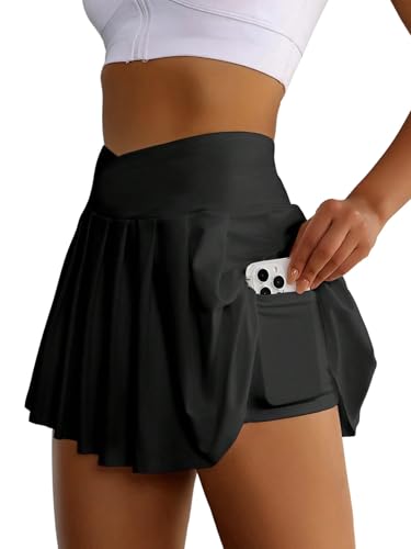 GORGLITTER Damen Rock Hohe Taille Minirock Kurzer Hosenrock mit Taschen Sommer Skort Mini Tennisrock Freizeitrock Minishorts Casualrock Sommerrock Schwarz S von GORGLITTER