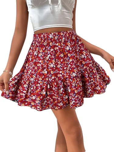 GORGLITTER Damen Rock Kurz Sommerrock Boho Minirock Kurzer Damenrock Blümchenmuster Röcke mit Rüschensaum Sommer Freizeitrock A Linie Casualrock Rot XL von GORGLITTER