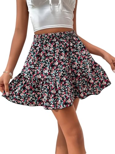 GORGLITTER Damen Rock Kurz Sommerrock Boho Minirock Kurzer Damenrock Blümchenmuster Röcke mit Rüschensaum Sommer Freizeitrock A Linie Casualrock Schwarz XS von GORGLITTER