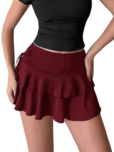 GORGLITTER Damen Rock Kurzer Hosenrock Mehrlagig Sommerrock mit Rüschensaum Ziehbändchen Minirock Süß Mini Röcke Freizeitrock Minishorts Ballonrock Bordeaux M von GORGLITTER