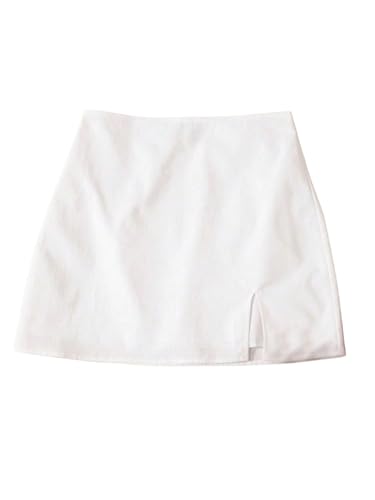 GORGLITTER Damen Rock Kurzer Sommerrock Lässig Minirock Hohe Taille Röcke mit Schlitz Gerade Kurzrock Reißverschluss Freizeitrock Casualrock Weiß M von GORGLITTER