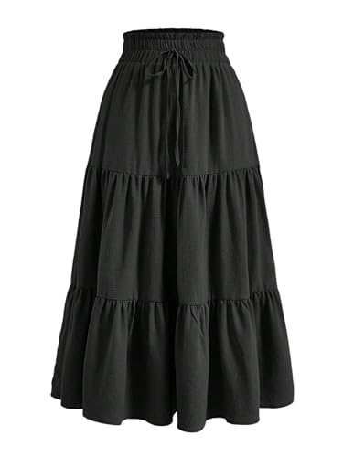 GORGLITTER Damen Rock Lässig Maxirock Langer Rüschensaum Sommerrock A Linie Freizeitrock Casual Elastische Röcke Hohe Taille Strandrock Stufenrock Sommer Outfit Schwarz XS von GORGLITTER