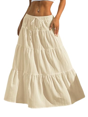 GORGLITTER Damen Rock Lässig Maxirock Langer Rüschensaum Sommerrock Mehrschichtig Freizeitrock Boho Casualrock A Linie Sommer Röcke Strandrock Outfits Beige S von GORGLITTER