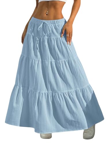 GORGLITTER Damen Rock Lässig Maxirock Langer Rüschensaum Sommerrock Mehrschichtig Freizeitrock Boho Casualrock A Linie Sommer Röcke Strandrock Outfits Blau XS von GORGLITTER