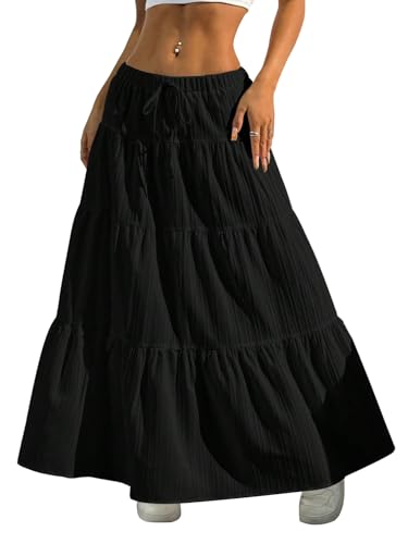 GORGLITTER Damen Rock Lässig Maxirock Langer Rüschensaum Sommerrock Mehrschichtig Freizeitrock Boho Casualrock A Linie Sommer Röcke Strandrock Outfits Schwarz XS von GORGLITTER