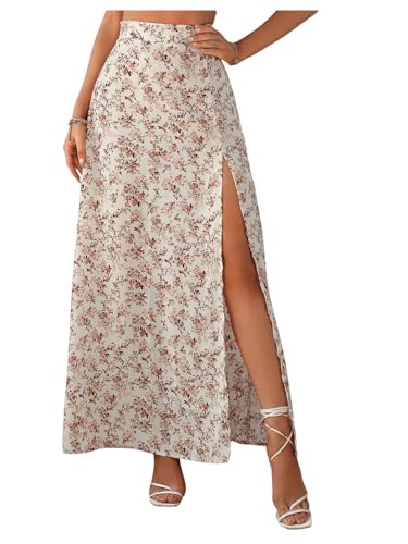 GORGLITTER Damen Rock Lässig Urlaubrock Geblümt Langer Rock Casual Sommerrock Röcke Luftig A Linie Maxirock mit Schlitz Aprikosenfarben L von GORGLITTER