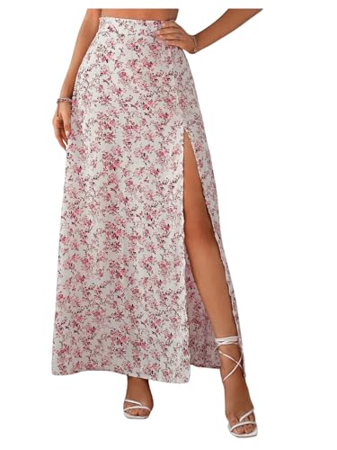 GORGLITTER Damen Rock Lässig Urlaubrock Geblümt Langer Rock Casual Sommerrock Röcke Luftig A Linie Maxirock mit Schlitz Rot und Weiß S von GORGLITTER