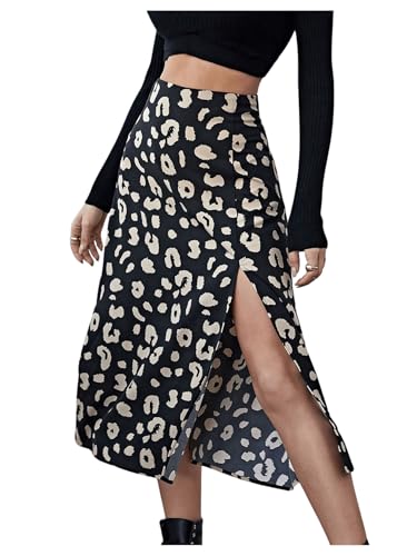 GORGLITTER Damen Rock Lässig Urlaubrock Leopardenmuster Midirock Casual Sommerrock Röcke Luftig A Linie Rock mit Schlitz Schwarz S von GORGLITTER