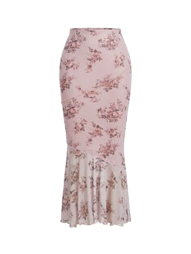 GORGLITTER Damen Rock Lang Elegant Mesh Sommerrock Bodycon Fischschwanz Röcke Blumenrock Hohe Taille Midirock Figurbetonter Urlaubrock mit Blümchen Rosa L von GORGLITTER