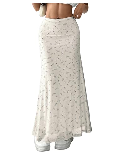 GORGLITTER Damen Rock Lang Mesh Sommerrock Fischschwanz Röcke Blumen Rock Drop Waist Midirock Elegant Floral Urlaubrock mit Blümchen Aprikosenfarben M von GORGLITTER