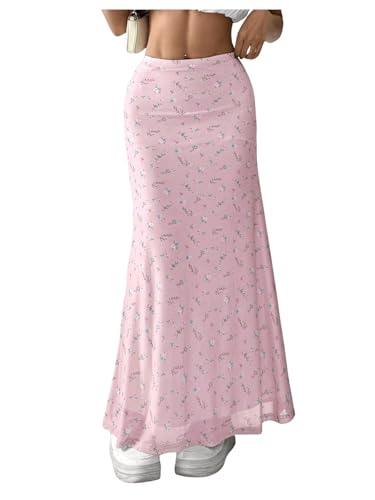 GORGLITTER Damen Rock Lang Mesh Sommerrock Fischschwanz Röcke Blumen Rock Drop Waist Midirock Elegant Floral Urlaubrock mit Blümchen Rosa S von GORGLITTER