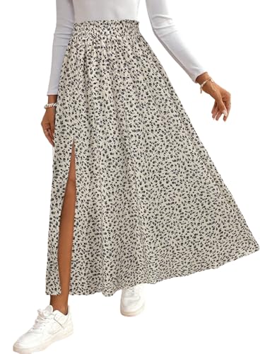 GORGLITTER Damen Rock Langer Sommerrock Boho Midirock mit Schlitz Blümchenmuster Röcke Hohe Taille Blumenrock Casual Freizeitrock Locker Strandrock Aprikosenfarben XS von GORGLITTER