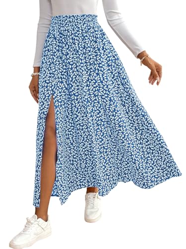 GORGLITTER Damen Rock Langer Sommerrock Boho Midirock mit Schlitz Blümchenmuster Röcke Hohe Taille Blumenrock Casual Freizeitrock Locker Strandrock Blau XL von GORGLITTER
