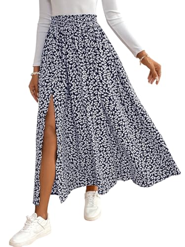 GORGLITTER Damen Rock Langer Sommerrock Boho Midirock mit Schlitz Blümchenmuster Röcke Hohe Taille Blumenrock Casual Freizeitrock Locker Strandrock Dunkelblau XS von GORGLITTER