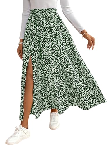 GORGLITTER Damen Rock Langer Sommerrock Boho Midirock mit Schlitz Blümchenmuster Röcke Hohe Taille Blumenrock Casual Freizeitrock Locker Strandrock Grün S GORGLITTER Damen Rock Langer Sommerrock Boho Midirock mit Schlitz Blümchenmuster Röcke Hohe Taille Blumenrock Casual Freizeitrock Locker Strandrock Grün S von GORGLITTER