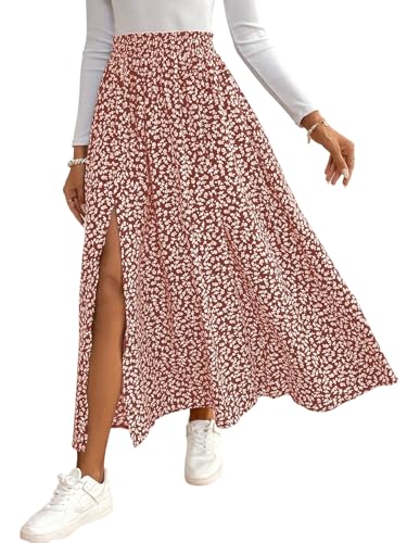 GORGLITTER Damen Rock Langer Sommerrock Boho Midirock mit Schlitz Blümchenmuster Röcke Hohe Taille Blumenrock Casual Freizeitrock Locker Strandrock Rot M von GORGLITTER