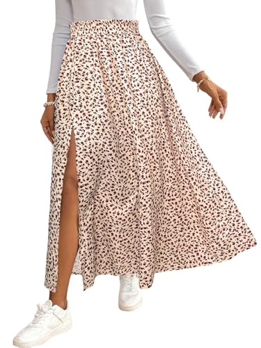 GORGLITTER Damen Rock Langer Sommerrock Boho Midirock mit Schlitz Blümchenmuster Röcke Hohe Taille Blumenrock Herbst Outfit Freizeitrock Locker Strandrock Aprikose und Weiß S von GORGLITTER