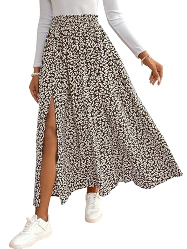 GORGLITTER Damen Rock Langer Sommerrock Boho Midirock mit Schlitz Blümchenmuster Röcke Hohe Taille Blumenrock Herbst Outfit Freizeitrock Locker Strandrock Kaffeebraun M von GORGLITTER