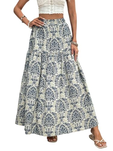 GORGLITTER Damen Rock Langer Sommerrock Boho Röcke Hohe Taille Maxirock Locker Elastischer Bund Strandrock Blumenmuster Freizeitrock Casualrock Sommer Outfits Blau M von GORGLITTER