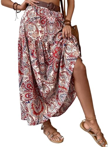 GORGLITTER Damen Rock Langer Sommerrock Boho Röcke Hohe Taille Maxirock Locker Elastischer Bund Strandrock Blumenmuster Freizeitrock Casualrock Sommer Outfits Rot XL von GORGLITTER